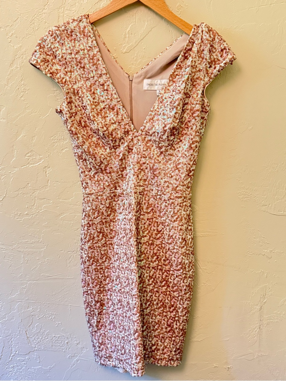 Dress the Population Rose Gold Sequin V Neck Cocktail Dress S